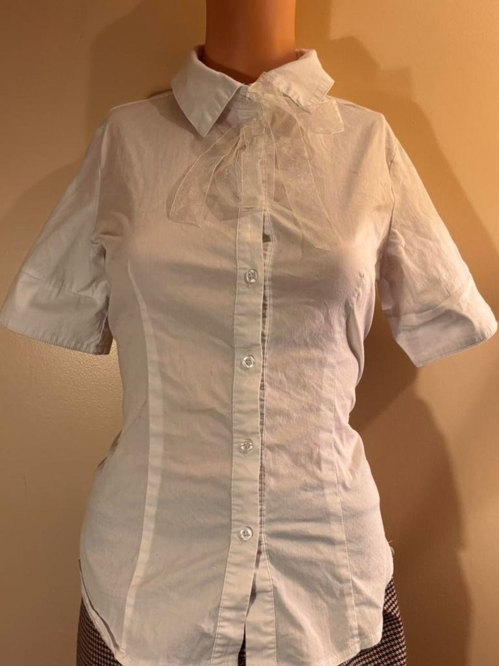J Brand White Short-Sleeve Button Down Blouse with Sheer Neck Tie - Picture 2 of 7